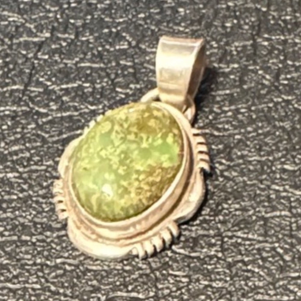 L. YAZZIE Green Stone & STERLING Stamped Pendant